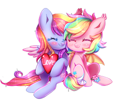 Size: 800x642 | Tagged: safe, artist:cabbage-arts, oc, oc only, oc:glittering cloud, oc:paper stars, species:bat pony, species:pegasus, species:pony, amputee, bandage, duo, eyes closed, female, flower, heart, mare, missing limb, simple background, stump, transparent background