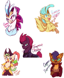 Size: 1393x1677 | Tagged: safe, artist:esmeia, character:capper dapperpaws, character:captain celaeno, character:princess skystar, character:queen novo, character:tempest shadow, species:abyssinian, species:anthro, species:classical hippogriff, species:hippogriff, species:pony, my little pony: the movie (2017), anthro with ponies, beauty mark, cat, ear piercing, earring, female, jewelry, piercing, simple background, white background