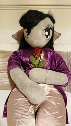 Size: 3096x5504 | Tagged: safe, artist:bigsexyplush, artist:somethingaboutoctavia, character:octavia melody, species:anthro, episode:hearts and hooves day, g4, my little pony: friendship is magic, absurd resolution, anthro plushie, bedroom eyes, bracelet, close-up, clothing, cute, doll, dress, female, flower, gown, holiday, hooves, irl, jewelry, love, pajamas, photo, plushie, present, rose, solo, toy, valentine, valentine's day, waifu