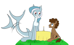 Size: 1826x1121 | Tagged: safe, artist:feralroku, oc, oc only, oc:dexamene, oc:strong runner, species:pony, candle, date, nereid, original species, shark pony, sharp teeth, simple background, sitting, smiling, table, tail wag, teeth, transparent background