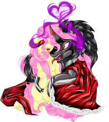Size: 1920x2145 | Tagged: safe, artist:dimidiummorsumbra, character:fluttershy, character:king sombra, species:pony, ship:sombrashy, clothing, corrupted, download at source, female, male, shipping, simple background, straight, tickling, transparent background