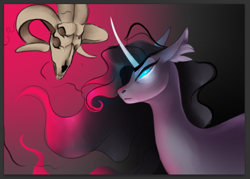 Size: 610x436 | Tagged: safe, artist:casynuf, community related, character:fhtng th§ ¿nsp§kbl, character:oleander, species:classical unicorn, species:pony, them's fightin' herds, curved horn, demon, female, glowing eyes, mare, skull