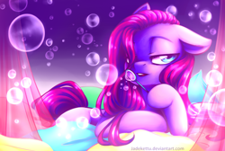 Size: 1024x688 | Tagged: safe, artist:jadekettu, character:pinkamena diane pie, character:pinkie pie, species:earth pony, species:pony, blowing bubbles, bubble, color porn, eyestrain warning, female, looking at you, mare, pillow, solo