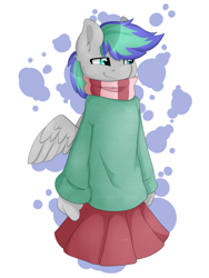 Size: 3000x4000 | Tagged: safe, artist:littledreamycat, oc, oc only, oc:storm feather, species:anthro, species:pegasus, species:pony, clothing, crossdressing, cute, male, pleated skirt, scarf, skirt, solo, stallion