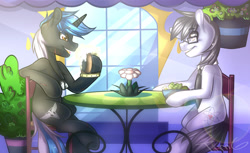 Size: 4902x2997 | Tagged: safe, artist:timkaa, oc, oc only, oc:silver bristle, species:earth pony, species:pony, species:unicorn, eating, food, glasses, male, males only, necktie, restaurant, salad, scar, sitting, smiling, stallion, table