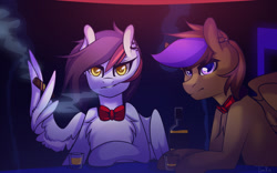 Size: 1280x800 | Tagged: safe, artist:timkaa, oc, oc only, species:pegasus, species:pony, cigar, female, looking at you, male, mare, smoking, stallion, wing hands