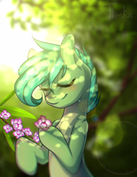 Size: 3883x5000 | Tagged: safe, artist:timkaa, oc, oc only, species:earth pony, species:pony, bipedal, dappled sunlight, eyes closed, female, flower, lens flare, mare, smiling, solo