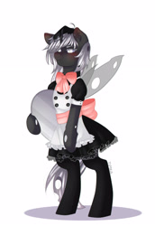 Size: 3006x4357 | Tagged: safe, artist:timkaa, oc, oc only, oc:silver lies, species:changeling, species:pony, blushing, changeling oc, clothing, female, looking at you, maid, mare, semi-anthro, simple background, solo, white background, white changeling