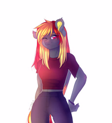 Size: 2740x3000 | Tagged: safe, artist:timkaa, oc, oc only, species:anthro, species:pony, anthro oc, clothing, female, mare, midriff, solo