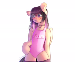 Size: 3000x2507 | Tagged: safe, artist:timkaa, oc, oc only, species:pegasus, species:pony, anthro oc, choker, clothing, female, glasses, mare, one-piece swimsuit, semi-anthro, socks, solo, swimsuit, text