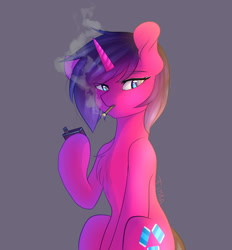 Size: 3254x3500 | Tagged: safe, artist:timkaa, oc, oc only, oc:fizzy pop, species:pony, species:unicorn, cigarette, looking at you, smoking, solo