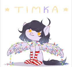 Size: 624x586 | Tagged: safe, artist:timkaa, oc, oc only, species:pegasus, species:pony, christmas, christmas lights, clothing, female, holiday, mare, socks, solo, striped socks, tangled up, text