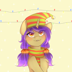 Size: 2000x2000 | Tagged: safe, artist:timkaa, oc, oc only, species:pony, species:unicorn, christmas, christmas lights, clothing, female, hat, holiday, mare, scarf, solo, ych result