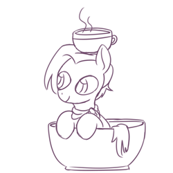 Size: 1600x1600 | Tagged: safe, artist:rawrienstein, character:jasmine leaf, species:earth pony, species:pony, g4, cup, cup of pony, female, food, mare, micro, monochrome, simple background, smiling, solo, tea, white background
