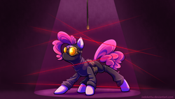 Size: 1024x582 | Tagged: safe, artist:jadekettu, character:pinkie pie, species:earth pony, species:pony, episode:pinkie spy, g4, my little pony: equestria girls, clothing, female, goggles, laser, mare, solo