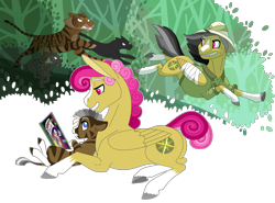 Size: 3508x2600 | Tagged: safe, artist:jackiebloom, character:a.k. yearling, character:daring do, oc, oc:kinyume, parent:daring do, parent:zecora, parents:daringcora, unnamed oc, species:pegasus, species:pony, species:zony, ahuizotl's cats, alternate design, alternate hairstyle, animal, bandage, bandaged wing, big cat, blaze (coat marking), book, cat, coat markings, female, high res, hybrid, lynx, magical lesbian spawn, mare, offspring, panther, realistic horse legs, running, simple background, socks (coat marking), starry eyes, tiger, transparent background, wingding eyes, zebroid