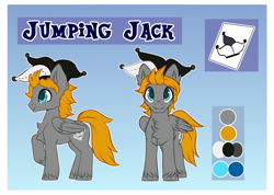 Size: 1000x712 | Tagged: safe, artist:cabbage-arts, oc, oc:jumping jack, species:pegasus, species:pony, blue eyes, clothing, color palette, cutie mark, folded wings, hat, jester hat, looking at you, looking forward, male, one hoof raised, orange hair, reference sheet, smiling, solo, stallion, standing, unshorn fetlocks, wings