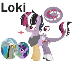 Size: 615x516 | Tagged: safe, artist:superrosey16, character:discord, character:twilight sparkle, oc, oc:loki, parent:discord, parent:twilight sparkle, parents:discolight, species:draconequus, ship:discolight, draconequus oc, female, hybrid, interspecies offspring, male, offspring, reference sheet, shipping, simple background, solo, straight, transparent background