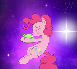 Size: 3345x3000 | Tagged: safe, artist:feralroku, character:pinkie pie, species:pony, blushing, crossover, cute, eyes closed, final space, hug, kissing, mooncake (final space), shipping, smiling