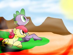 Size: 1024x768 | Tagged: safe, artist:biosonic100, character:apple bloom, character:spike, species:dragon, species:pony, fanfic:blooming travels, ship:spikebloom, alternate cutie mark, alternate universe, cover art, fanfic, fanfic art, female, male, mare, mountain, older, older apple bloom, older spike, river, shipping, straight, sun, teenage apple bloom, teenage spike, teenager