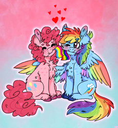 Size: 708x768 | Tagged: safe, artist:wanderingpegasus, character:pinkie pie, character:rainbow dash, species:earth pony, species:pegasus, species:pony, ship:pinkiedash, colored wings, duo, female, flag, gay pride, gay pride flag, lesbian, mare, mouth hold, multicolored wings, pansexual, pansexual pride flag, pride, rainbow wings, shipping