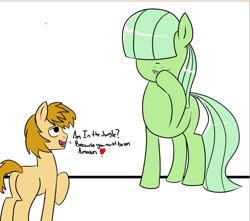 Size: 668x591 | Tagged: safe, artist:feralroku, character:feather bangs, oc, species:earth pony, species:pony, 30 minute art challenge, grin, hair over eyes, size difference, smiling