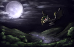 Size: 1024x647 | Tagged: safe, artist:jadekettu, oc, oc only, species:bat pony, flying, full moon, moon, night, solo, spread wings, wings