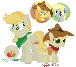 Size: 545x485 | Tagged: safe, artist:superrosey16, character:braeburn, character:derpy hooves, oc, oc:apple muffin, oc:apple treat, parent:braeburn, parent:derpy hooves, parents:derpyburn, species:earth pony, species:pegasus, species:pony, ship:derpyburn, clothing, colt, female, hat, male, mare, offspring, shipping, simple background, straight, transparent background, vest