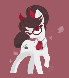 Size: 1188x1335 | Tagged: safe, artist:sibashen, character:raven inkwell, species:earth pony, species:pony, devil horns, female, glasses, hair bun, mare, raised hoof, simple background, solo