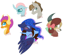 Size: 1024x895 | Tagged: safe, artist:superrosey16, character:mudbriar, character:ocellus, character:princess luna, character:smolder, character:yona, oc, oc:starla, species:changeling, species:dragon, species:pony, species:reformed changeling, species:yak, episode:school daze, episode:the maud couple, g4, my little pony: friendship is magic, bust, hug, portrait, simple background, transparent background, winghug