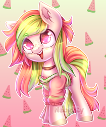 Size: 662x788 | Tagged: safe, artist:cabbage-arts, oc, oc only, species:earth pony, species:pony, abstract background, blank flank, clothing, colored hooves, colored pupils, colt, ear fluff, food, freckles, looking up, male, multicolored hair, neckband, open mouth, smiling, solo, standing, watermelon