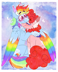 Size: 768x945 | Tagged: safe, artist:wanderingpegasus, character:pinkie pie, character:rainbow dash, species:earth pony, species:pegasus, species:pony, ship:pinkiedash, blushing, cheek fluff, chest fluff, colored hooves, colored wings, colored wingtips, duo, ear fluff, eyes closed, female, heart, heart eyes, hug, lesbian, mare, multicolored wings, rainbow wings, shipping, sitting, smiling, snuggling, unshorn fetlocks, wing fluff, wingding eyes, winghug