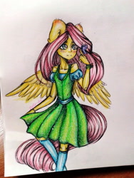Size: 810x1080 | Tagged: safe, artist:zefirka, character:fluttershy, species:anthro, butterfly, clothing, dress, ear fluff, female, signature, simple background, solo, spread wings, sundress, traditional art, white background, wings