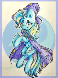Size: 2976x3968 | Tagged: safe, artist:zefirka, character:trixie, species:pony, species:unicorn, :t, belly fluff, cape, clothing, cutie mark background, ear fluff, female, hat, heart eyes, leg fluff, looking at you, mare, signature, solo, trixie's cape, trixie's hat, wingding eyes