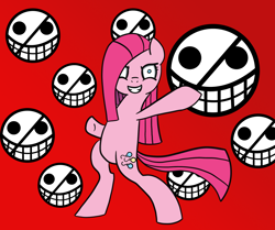 Size: 1500x1254 | Tagged: safe, artist:feralroku, character:pinkamena diane pie, character:pinkie pie, bipedal, female, jolly roger, one piece, red background, simple background, solo