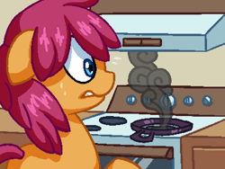 Size: 800x600 | Tagged: safe, artist:rangelost, oc, oc only, oc:trailblazer, species:earth pony, species:pony, colored, cooking, cyoa, cyoa:d20 pony, description is relevant, female, frying pan, mare, panic, pixel art, smoke, solo, story included, stove