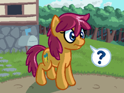 Size: 800x600 | Tagged: safe, artist:rangelost, oc, oc only, oc:trailblazer, species:earth pony, species:pony, cloud, colored, cyoa, cyoa:d20 pony, description is relevant, dialogue, female, grass, house, mailbox, mare, pixel art, question mark, solo, speech bubble, story included, thought bubble, tree