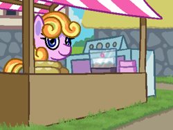 Size: 800x600 | Tagged: safe, artist:rangelost, oc, oc only, species:earth pony, species:pony, bread, building, cake, colored, cute, cyoa, cyoa:d20 pony, description is relevant, female, food, food stand, grass, looking at you, mare, market, ocbetes, pixel art, shop, shopkeeper, smiling, solo, story included