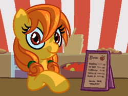 Size: 800x600 | Tagged: safe, artist:rangelost, oc, oc only, oc:autumn gold, species:earth pony, species:pony, apple, colored, cookie, cyoa, cyoa:d20 pony, description is relevant, female, food, looking at you, mare, market, menu, pixel art, shop, shopkeeper, sign, solo, story included