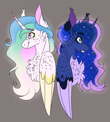 Size: 768x850 | Tagged: safe, artist:wanderingpegasus, character:princess celestia, character:princess luna, species:alicorn, species:pony, curved horn, female, fluffy, mare, wings