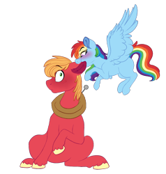 Size: 1050x1101 | Tagged: safe, artist:saphi-boo, character:big mcintosh, character:rainbow dash, species:earth pony, species:pegasus, species:pony, ship:rainbowmac, blushing, ear bite, female, flying, male, mare, missing cutie mark, raised hoof, shipping, simple background, size difference, stallion, straight, transparent background