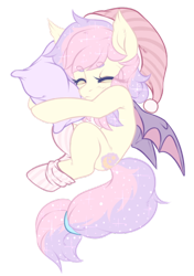 Size: 400x568 | Tagged: safe, artist:cabbage-arts, oc, oc only, oc:stardust, species:bat pony, bat pony oc, clothing, curled up, cute, gift art, hat, nightcap, ocbetes, pillow, simple background, sleeping, socks, solo, transparent background