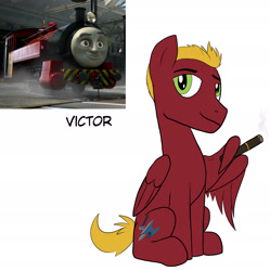 Size: 1938x1944 | Tagged: safe, artist:wolftendragon, species:pegasus, species:pony, cigar, male, ponified, sitting, solo, stallion, thomas the tank engine, victor, wing hands, wing hold