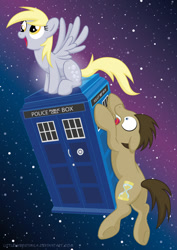 Size: 1024x1448 | Tagged: safe, artist:littlehybridshila, character:derpy hooves, character:doctor whooves, character:time turner, species:earth pony, species:pegasus, species:pony, doctor who, happy, holding on, scared, sitting, tardis, the doctor