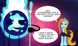 Size: 2000x1200 | Tagged: safe, artist:feralroku, character:sassy saddles, abstract background, crossover, dialogue, final space, gatekeeper, speech bubble