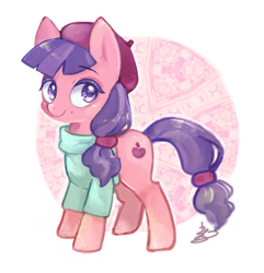 Size: 840x871 | Tagged: safe, artist:sibashen, character:raspberry beret, species:earth pony, species:pony, episode:horse play, g4, my little pony: friendship is magic, beauty mark, beret, clothing, female, hat, looking at you, mare, shirt, smiling, solo