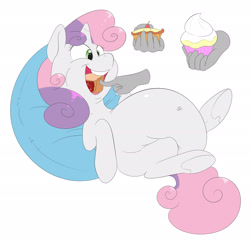 Size: 2736x2672 | Tagged: safe, artist:anonopony, character:sweetie belle, belly, belly button, big belly, cropped, cupcake, disembodied hand, fat, feedee belle, feeding, food, hand, pie, pillow, stuffing, sweetie belly, underhoof