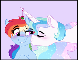 Size: 701x538 | Tagged: safe, artist:saphi-boo, character:princess celestia, character:rainbow dash, species:alicorn, species:pegasus, species:pony, ship:dashlestia, g4, eye clipping through hair, eyebrows, eyebrows visible through hair, female, full face view, kiss on the cheek, kissing, lavender background, lesbian, mare, mistletoe, profile, shipping, simple background
