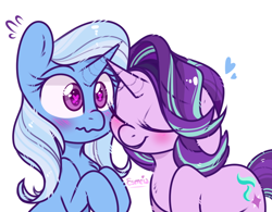 Size: 712x554 | Tagged: safe, artist:esmeia, character:starlight glimmer, character:trixie, species:pony, species:unicorn, ship:startrix, blushing, cute, dawwww, diatrixes, eyes closed, female, floating heart, floppy ears, friendship, glimmerbetes, heart, heart eyes, horns are touching, lesbian, mare, shipping, simple background, sweat, wavy mouth, white background, wingding eyes