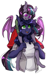 Size: 2480x3507 | Tagged: safe, artist:corelle-vairel, oc, oc only, oc:fizzy pop, oc:halfmoon, species:anthro, species:bat pony, species:unguligrade anthro, anthro oc, bat pony oc, cute, female, mother and daughter, piggyback ride, simple background, white background
